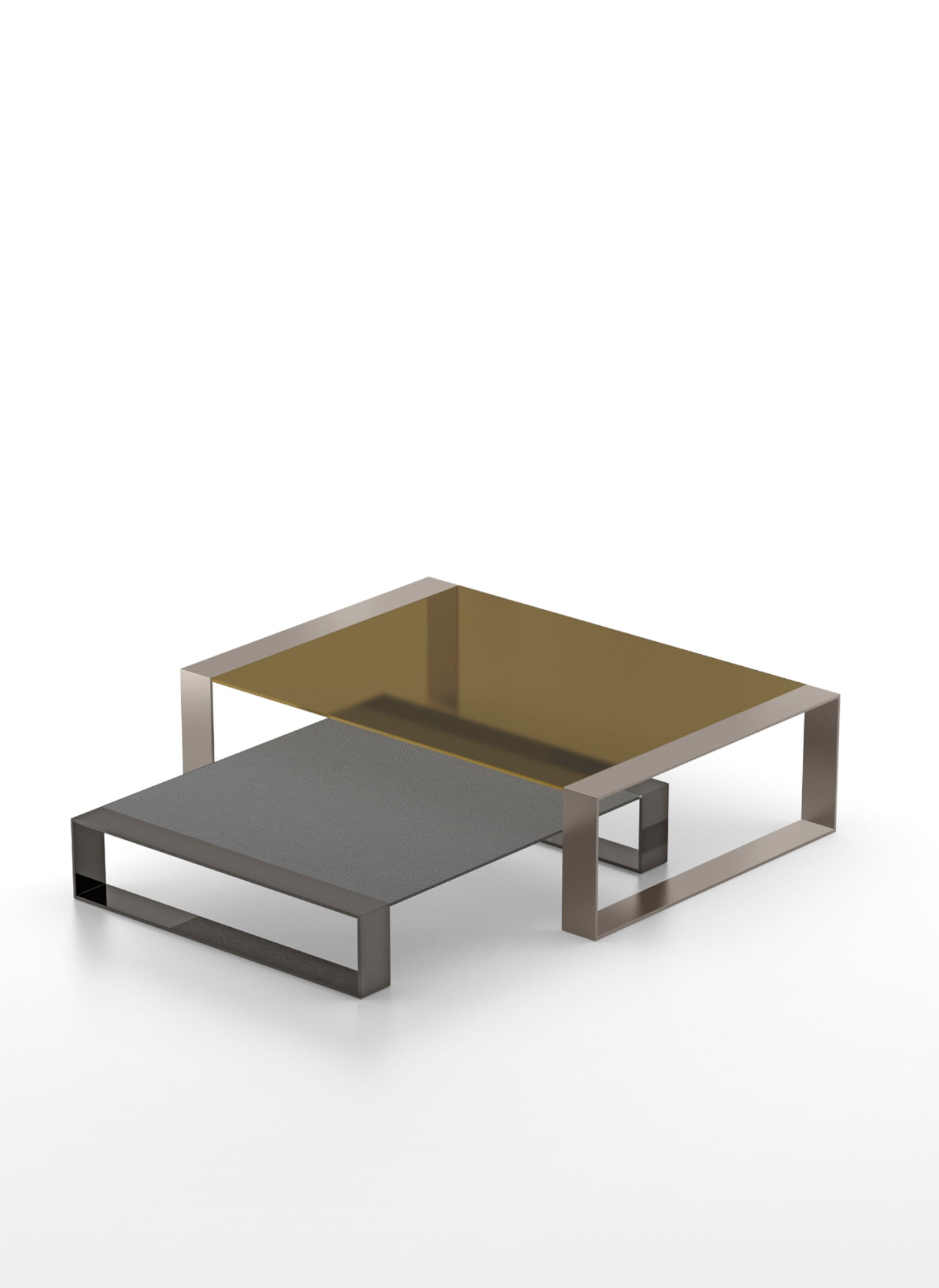 Two tier metal coffee table with glass and leather tops