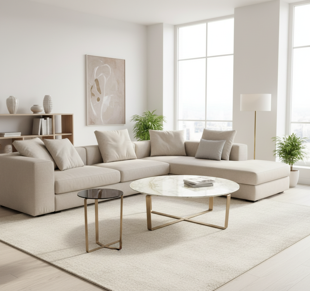 Modern living room with a beige sectional sofa, coffee table, and decorative elements.