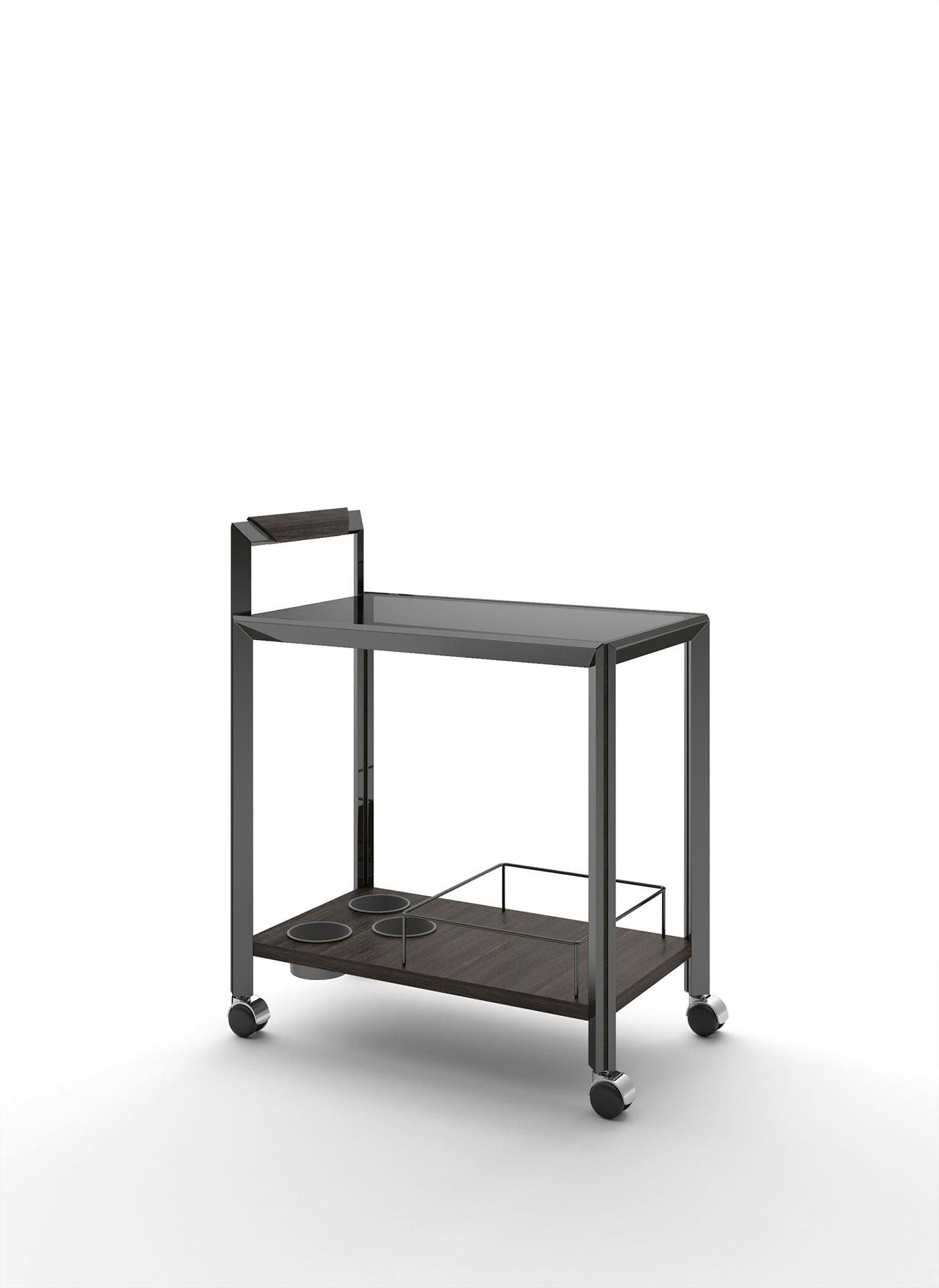Studio shot of metal bar cart with dark wood shelves on wheels