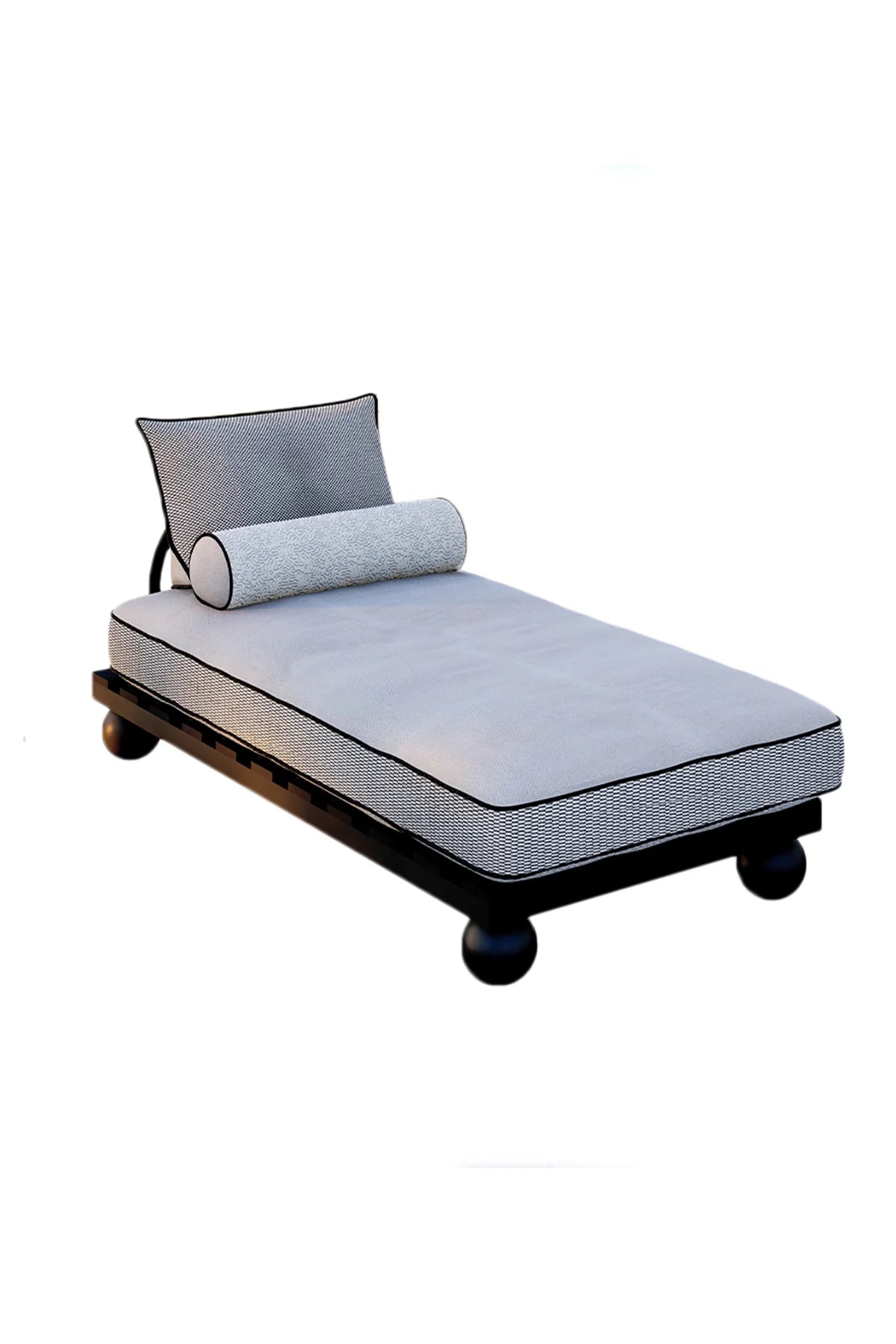 Gray cushioned lounge chair with a pillow on a white background