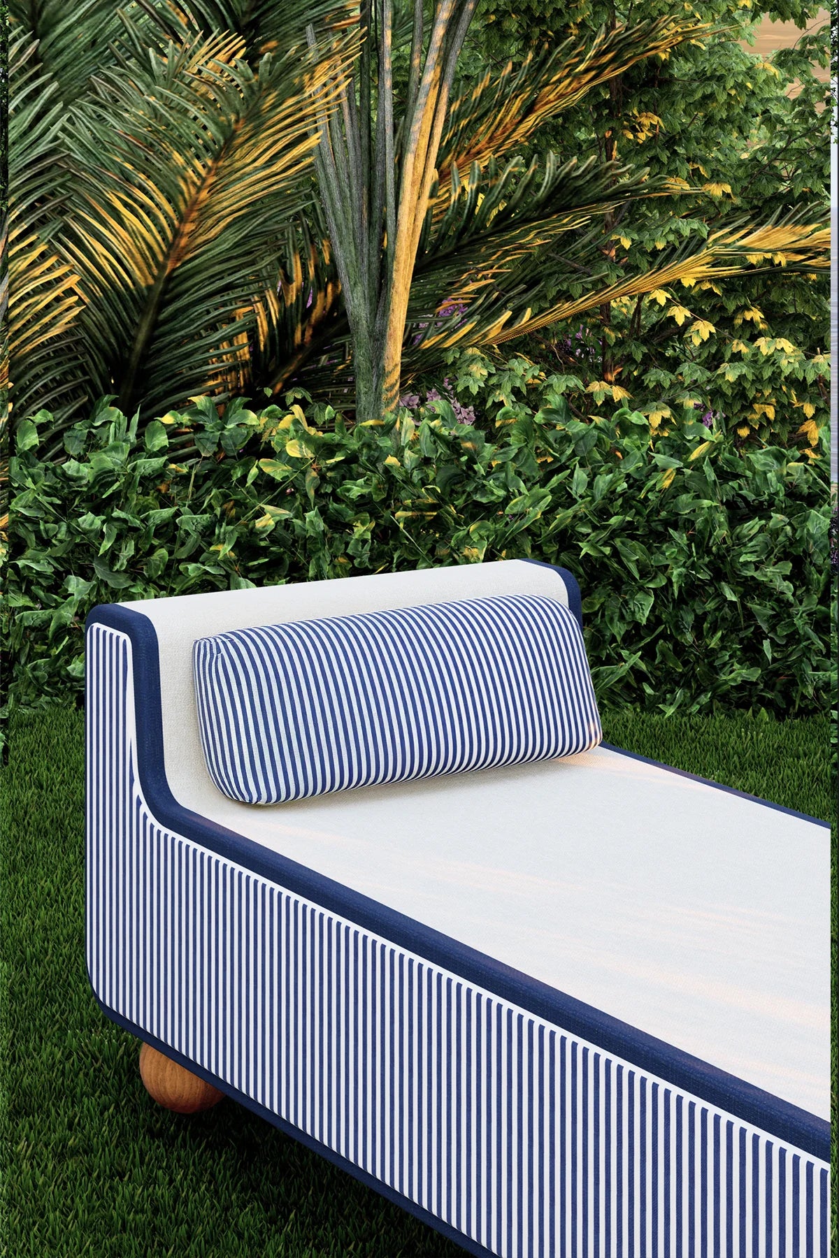 Outdoor daybed with striped blue and white cushions against a green garden background