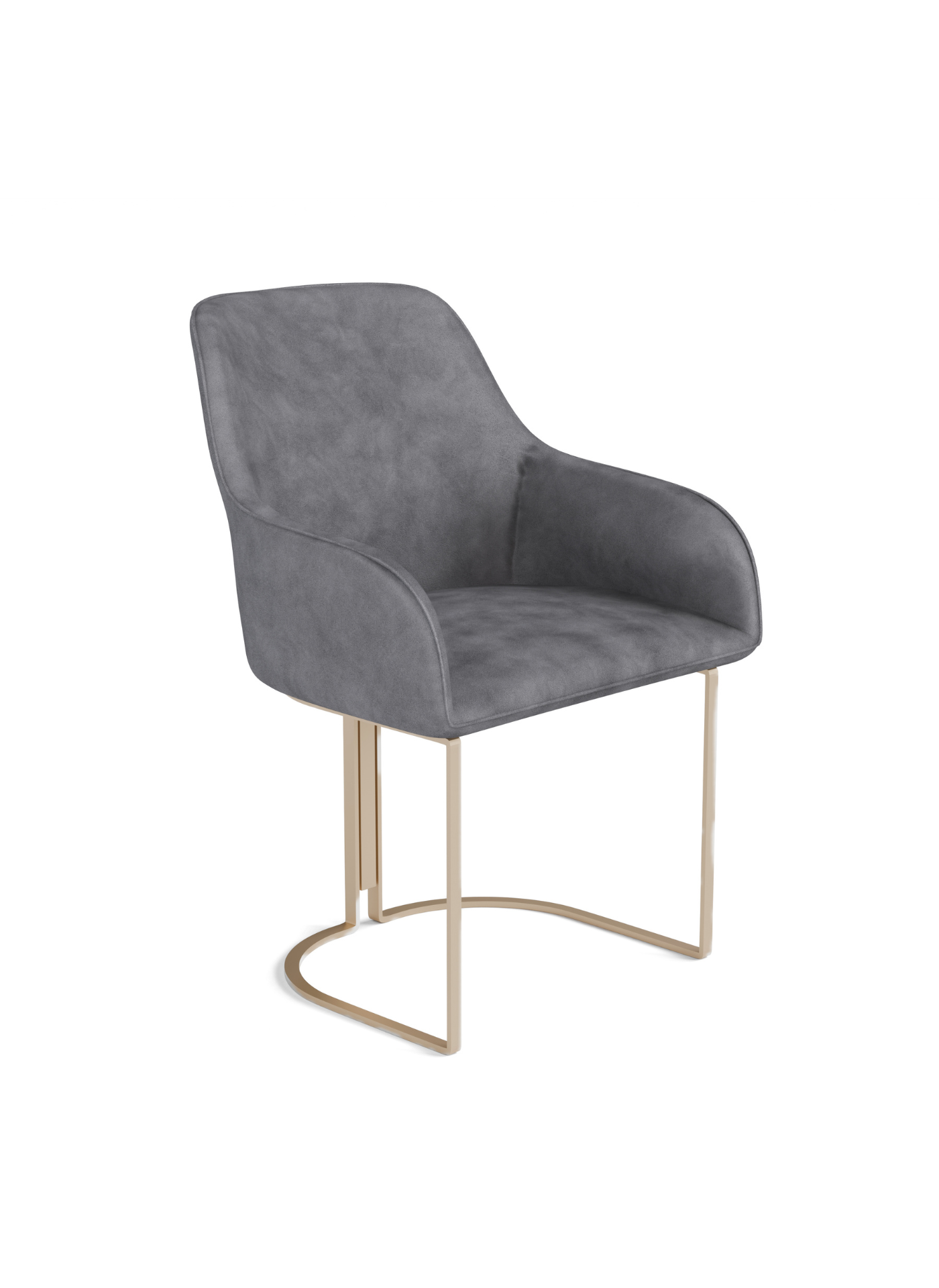 Gray upholstered dining chair with gold metal base on white background
