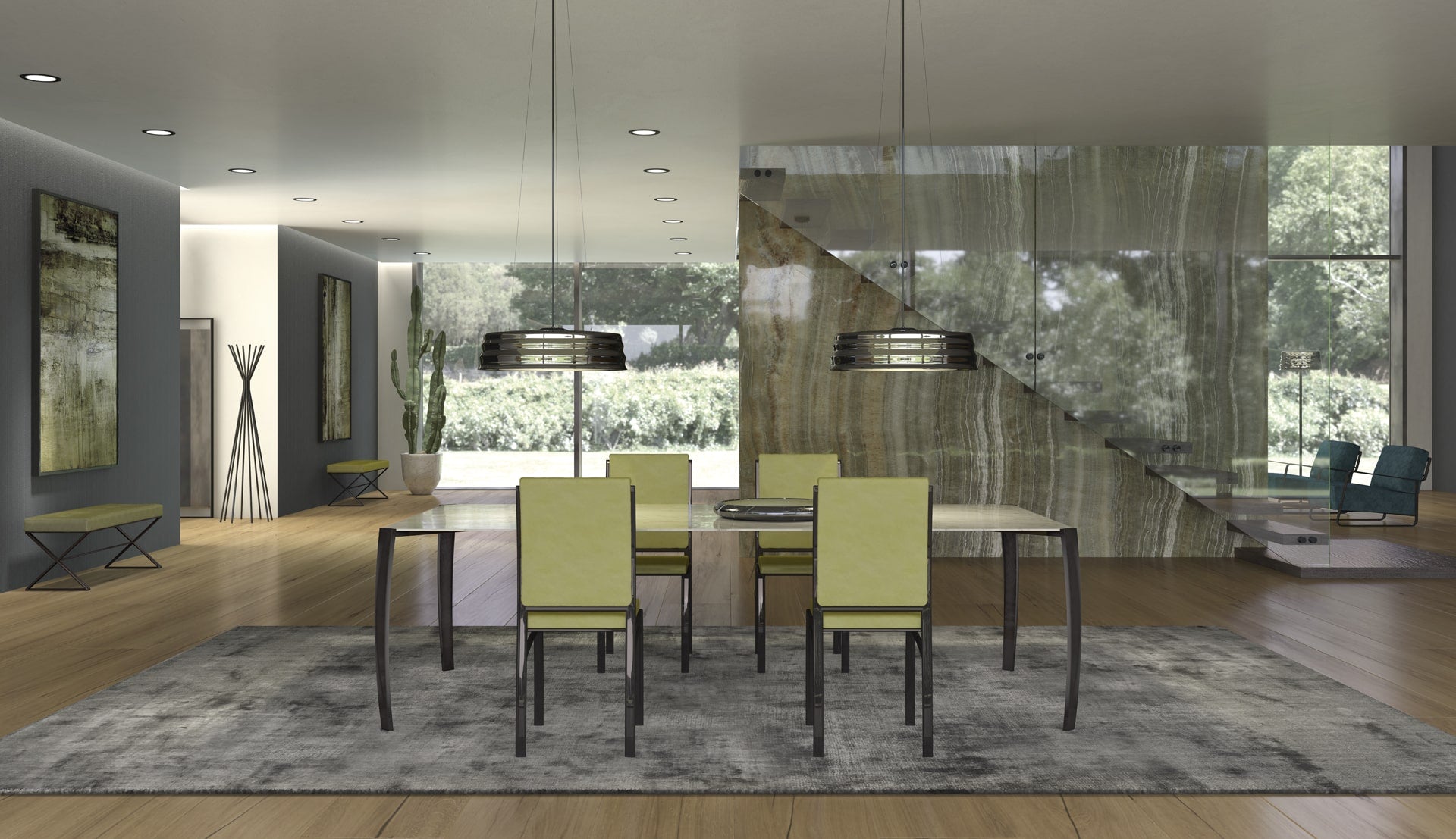 Dining table, four lime chairs, grey rug, modern lighting.