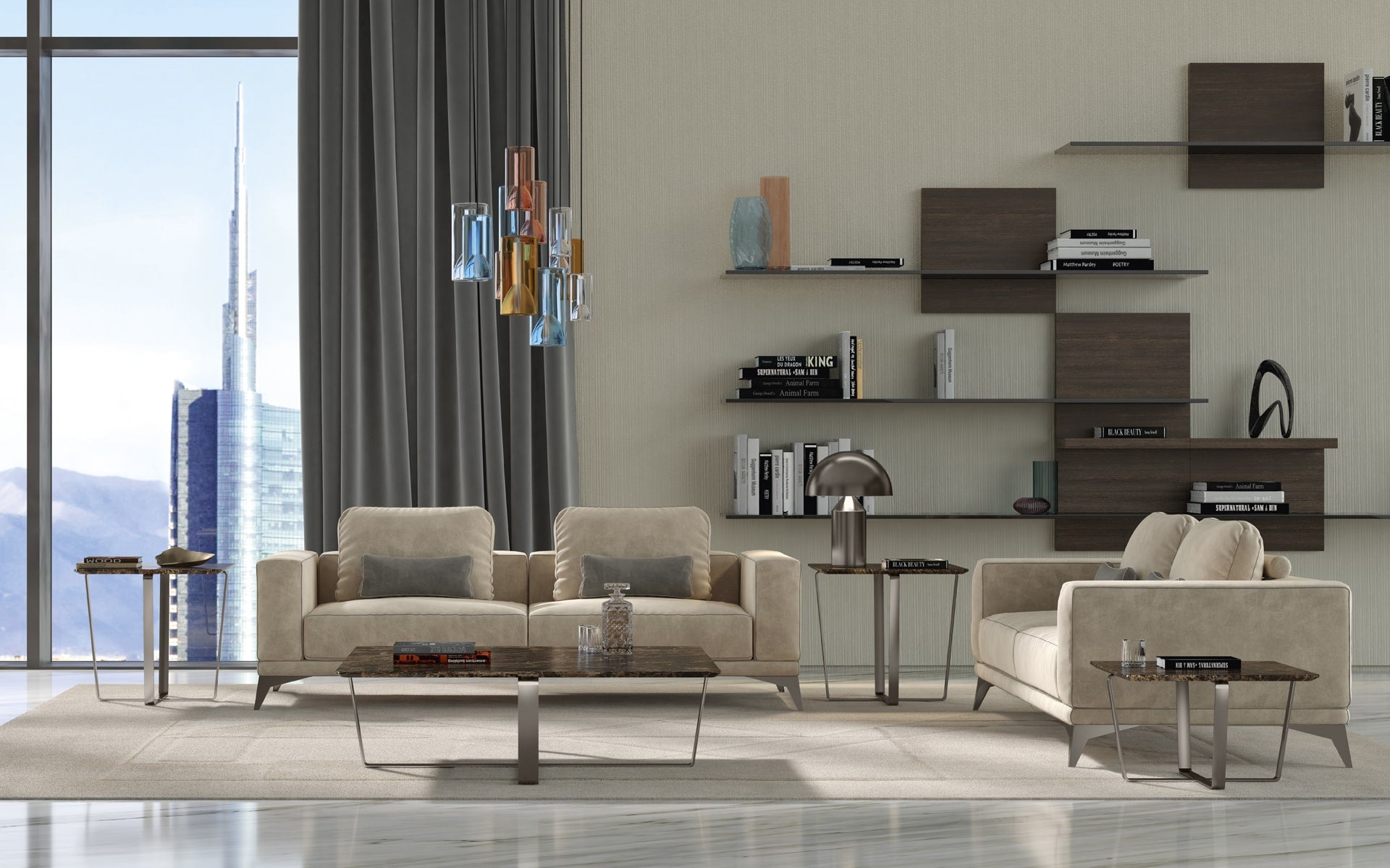 View of modern living room with beige sofas, marble tables, and city view