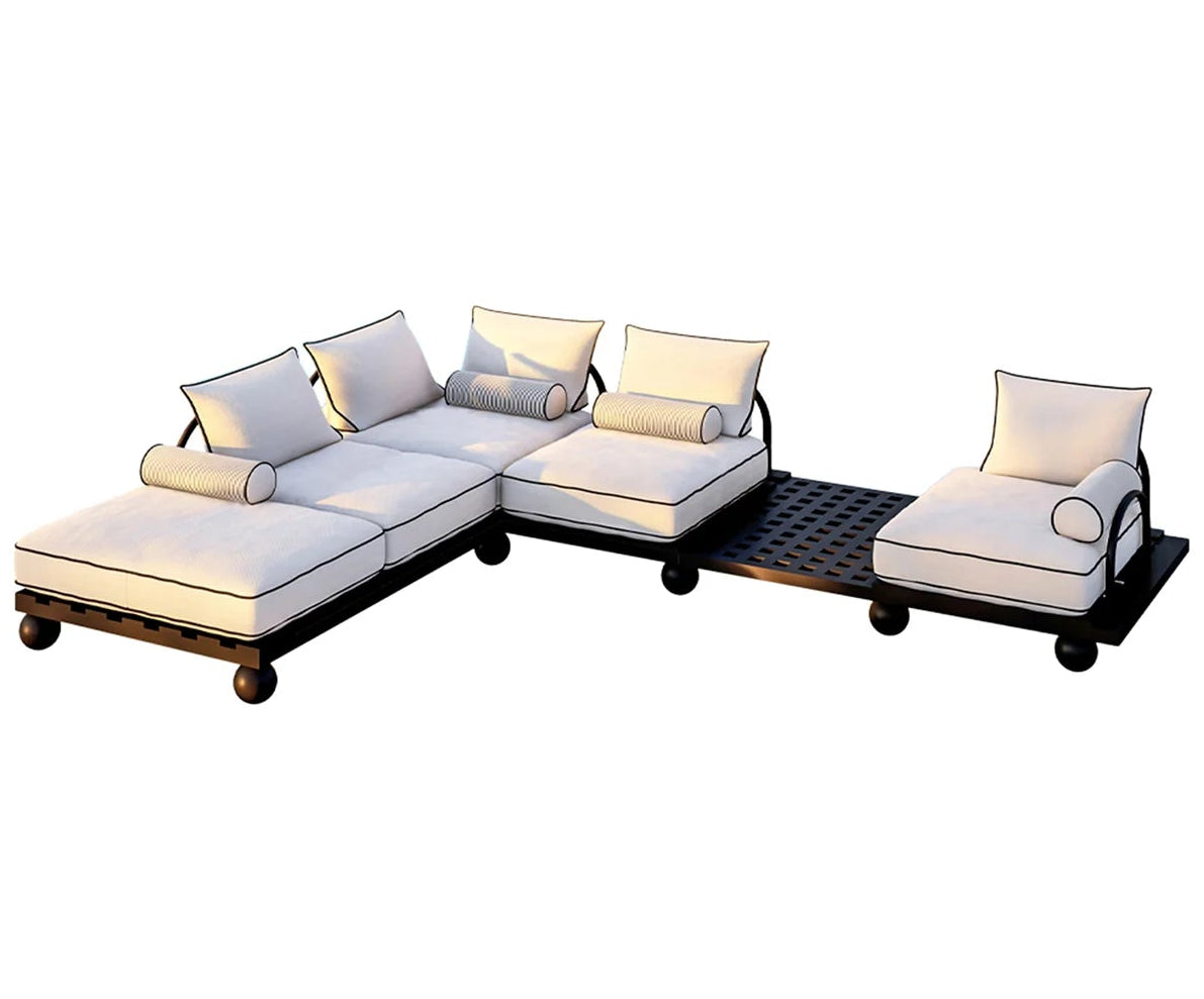 Santa Cruz Noir outdoor corner seating set in black iroko wood with cream outdoor cushions by Luzione.