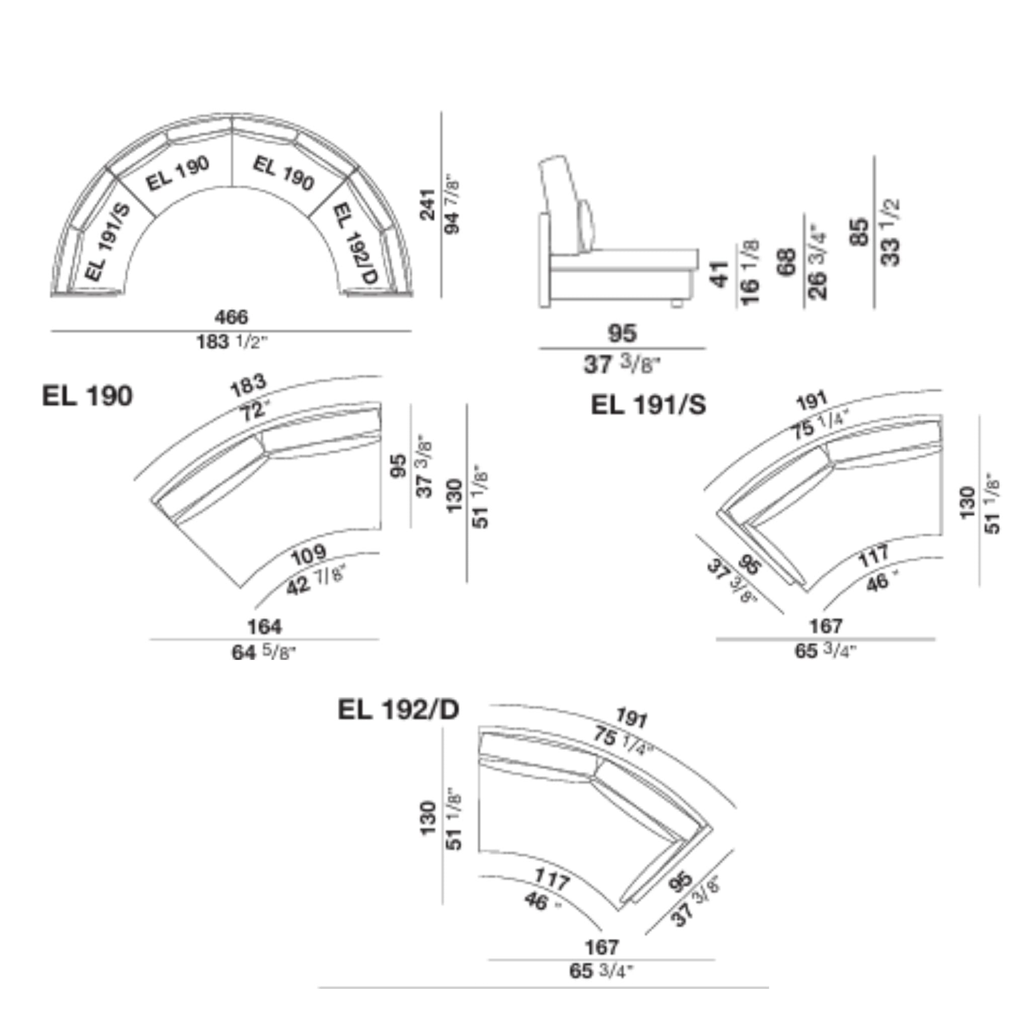 Architectural drawing of curved modular sofa dimensions and components
