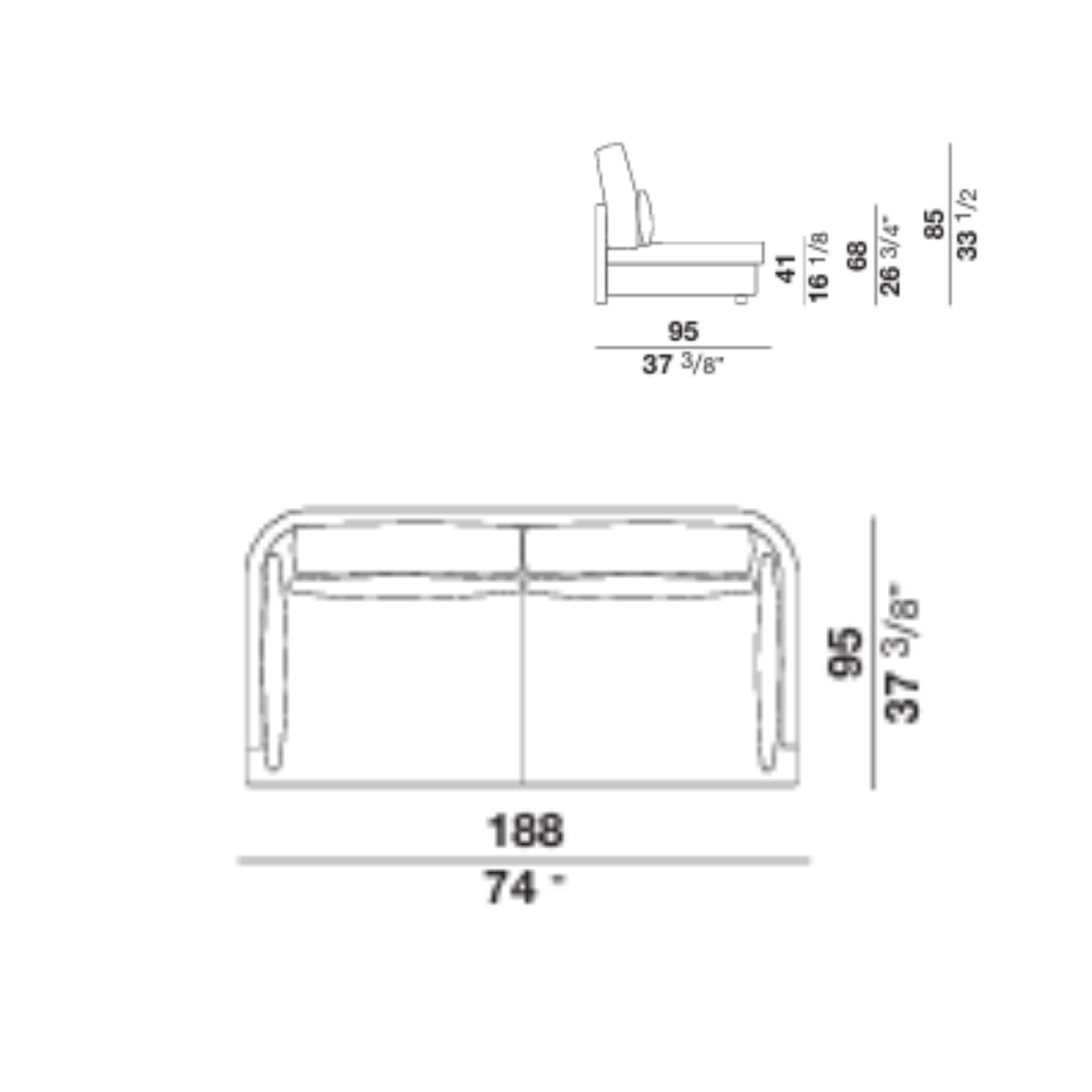Technical drawing showing front and side views of a two-seat sofa