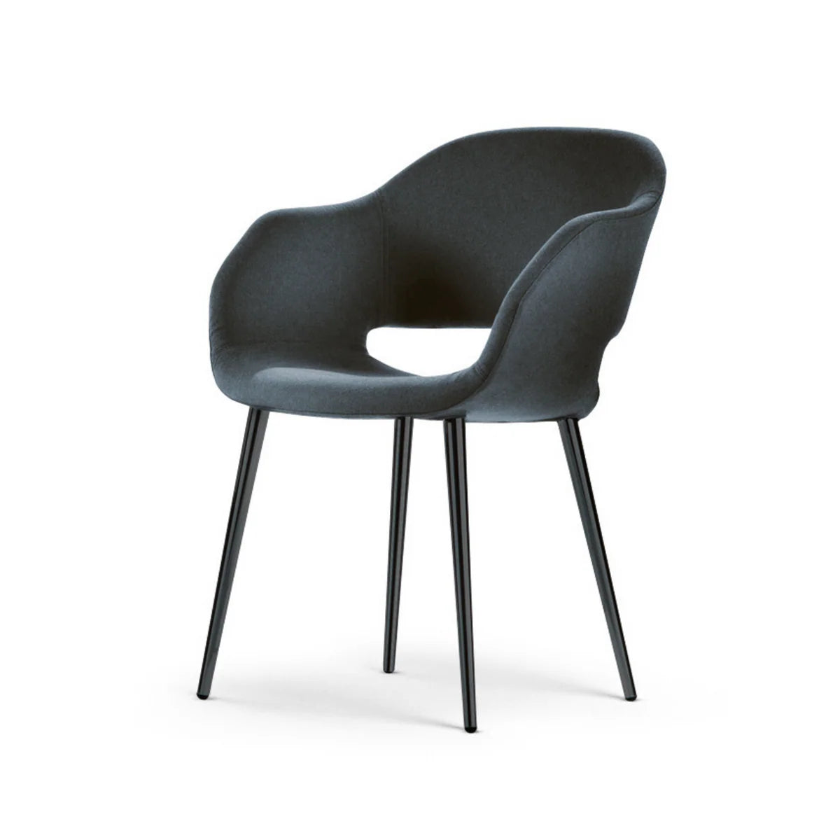 Grey fabric armchair with black metal legs on white background