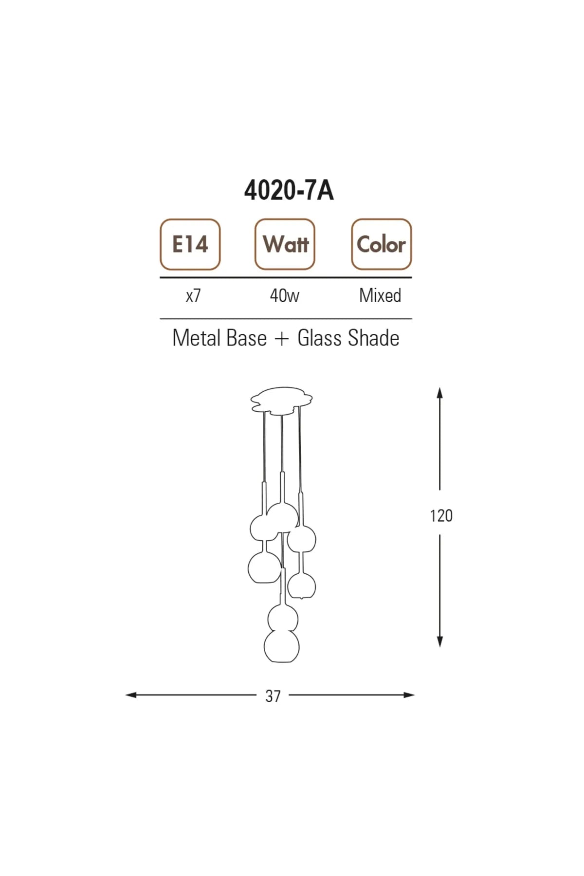 Line drawing of a seven-light glass shade pendant lighting fixture