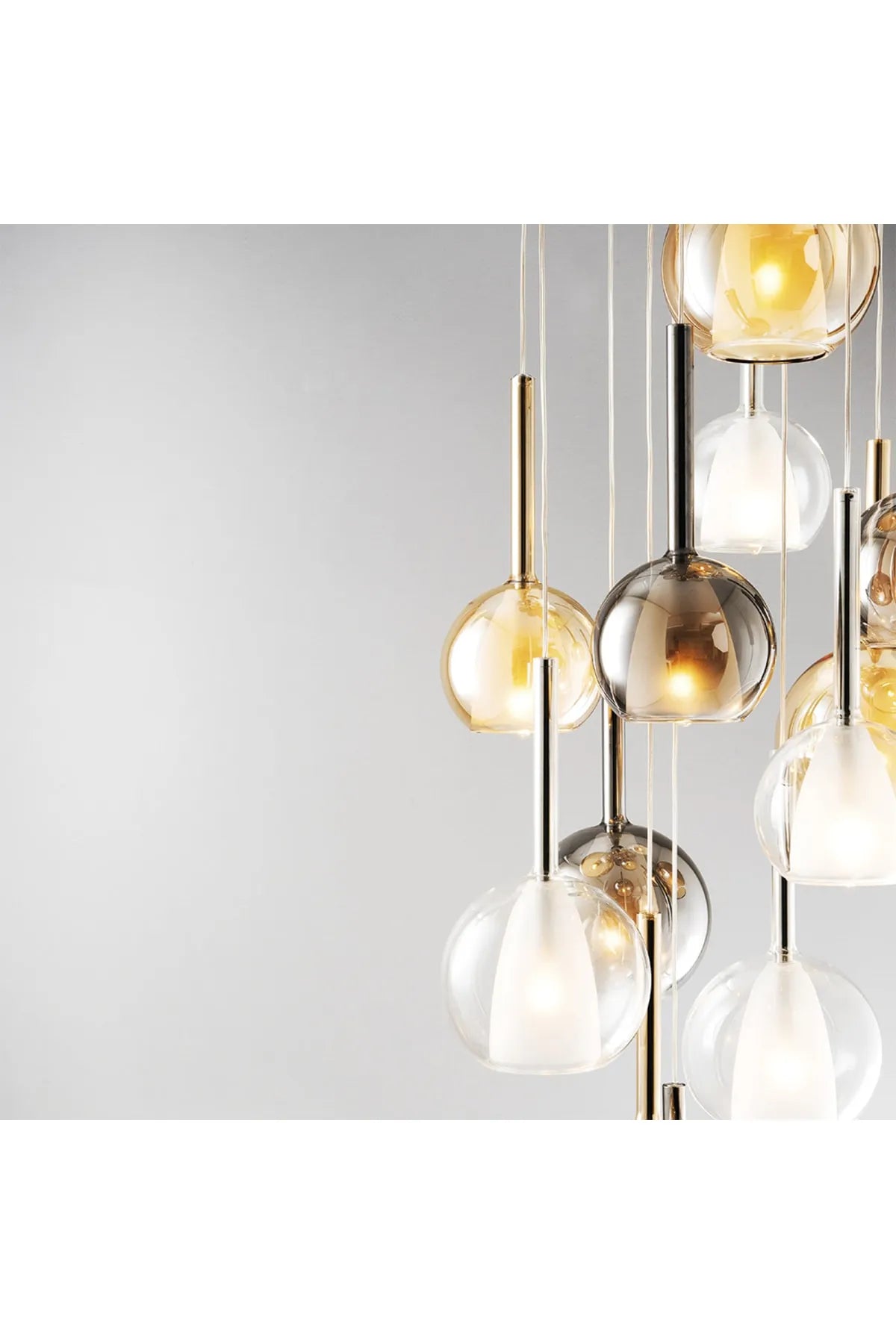 Close up view of glass sphere pendant lighting fixture cluster