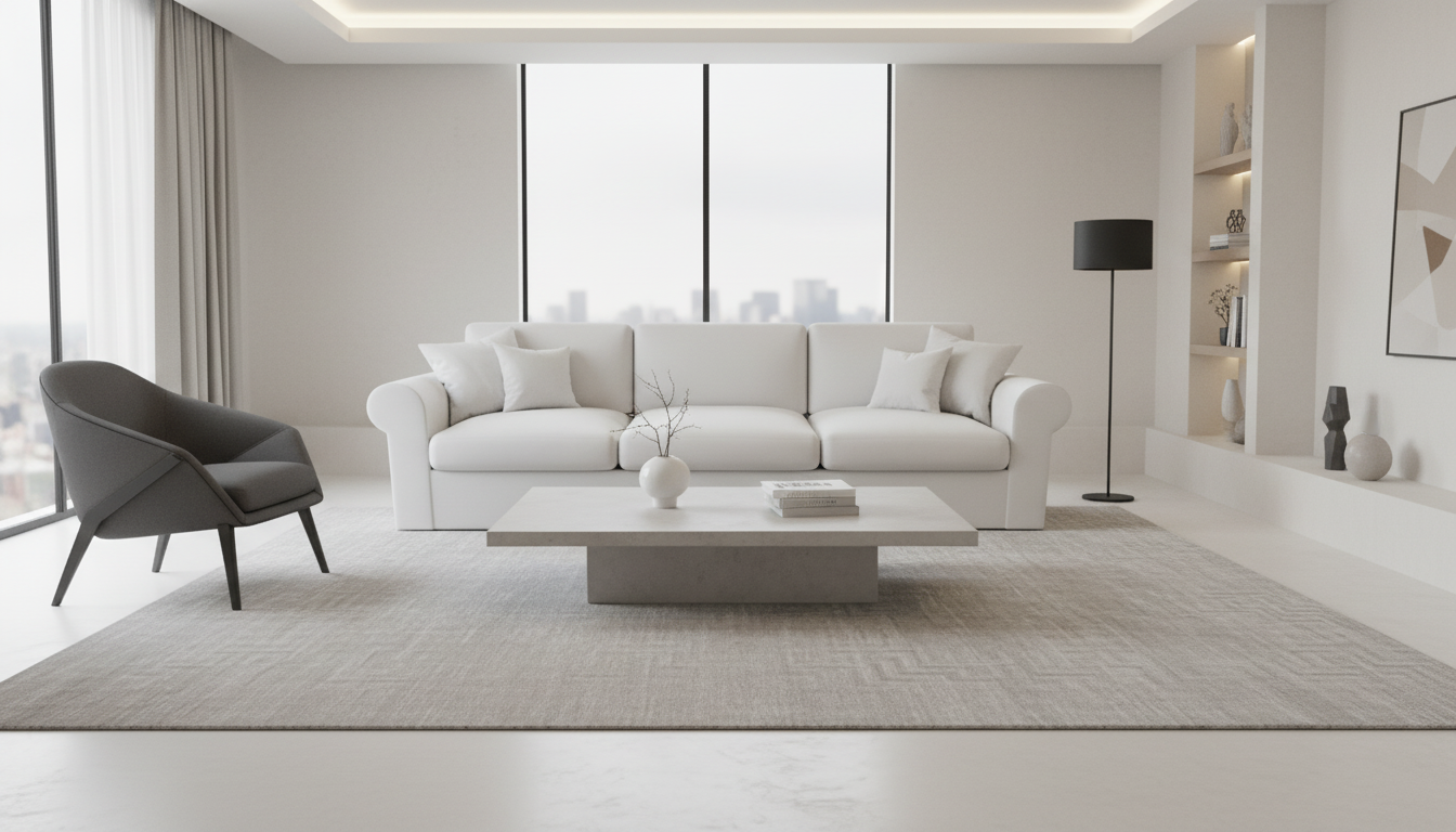Modern living room with white sofa, gray armchair, concrete coffee table, rug