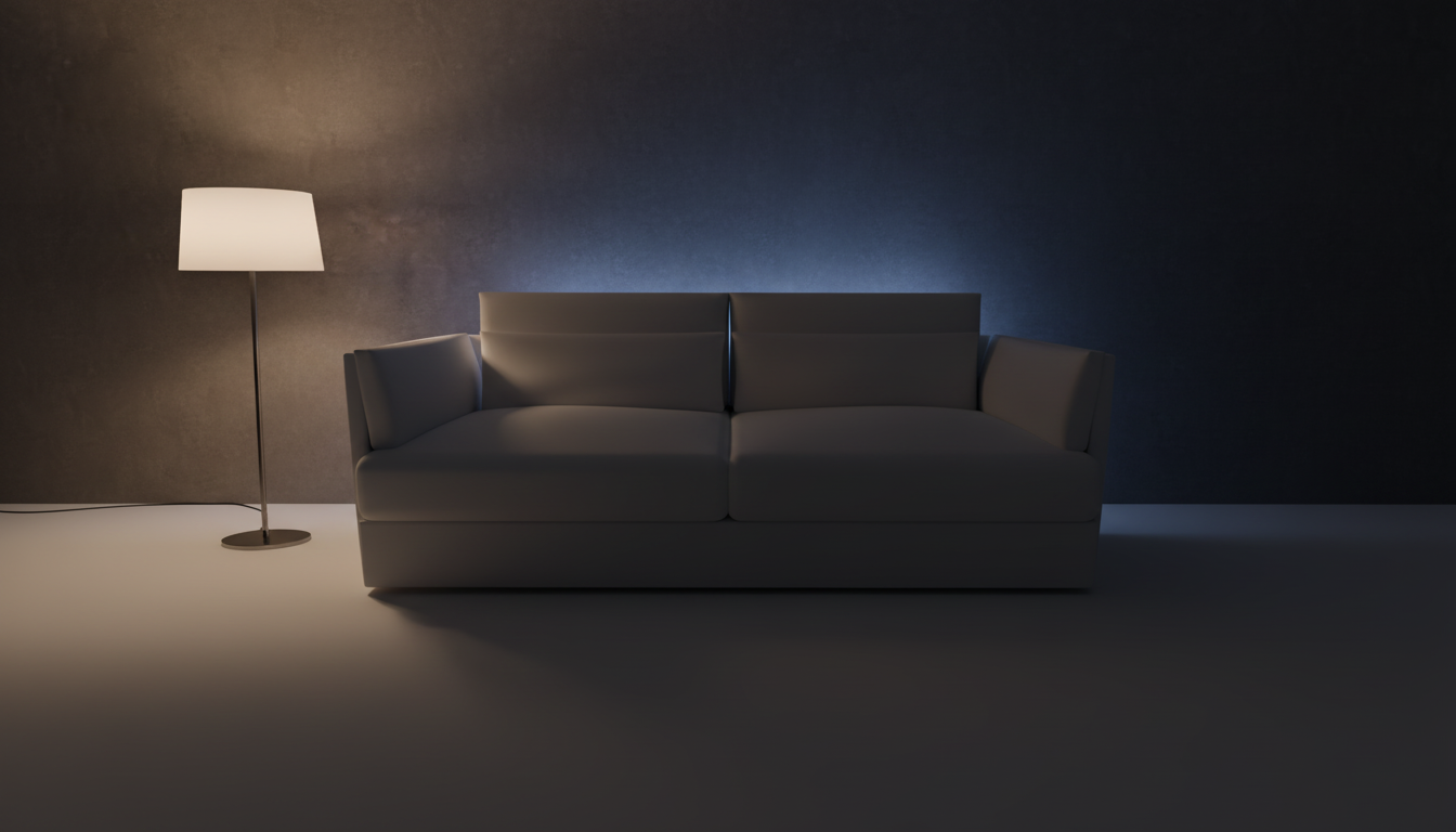 View of modern white sofa and floor lamp in dark room. Minimalist furniture, contemporary lighting, ambient glow, living room decor, dark wall texture, sleek design, interior design.