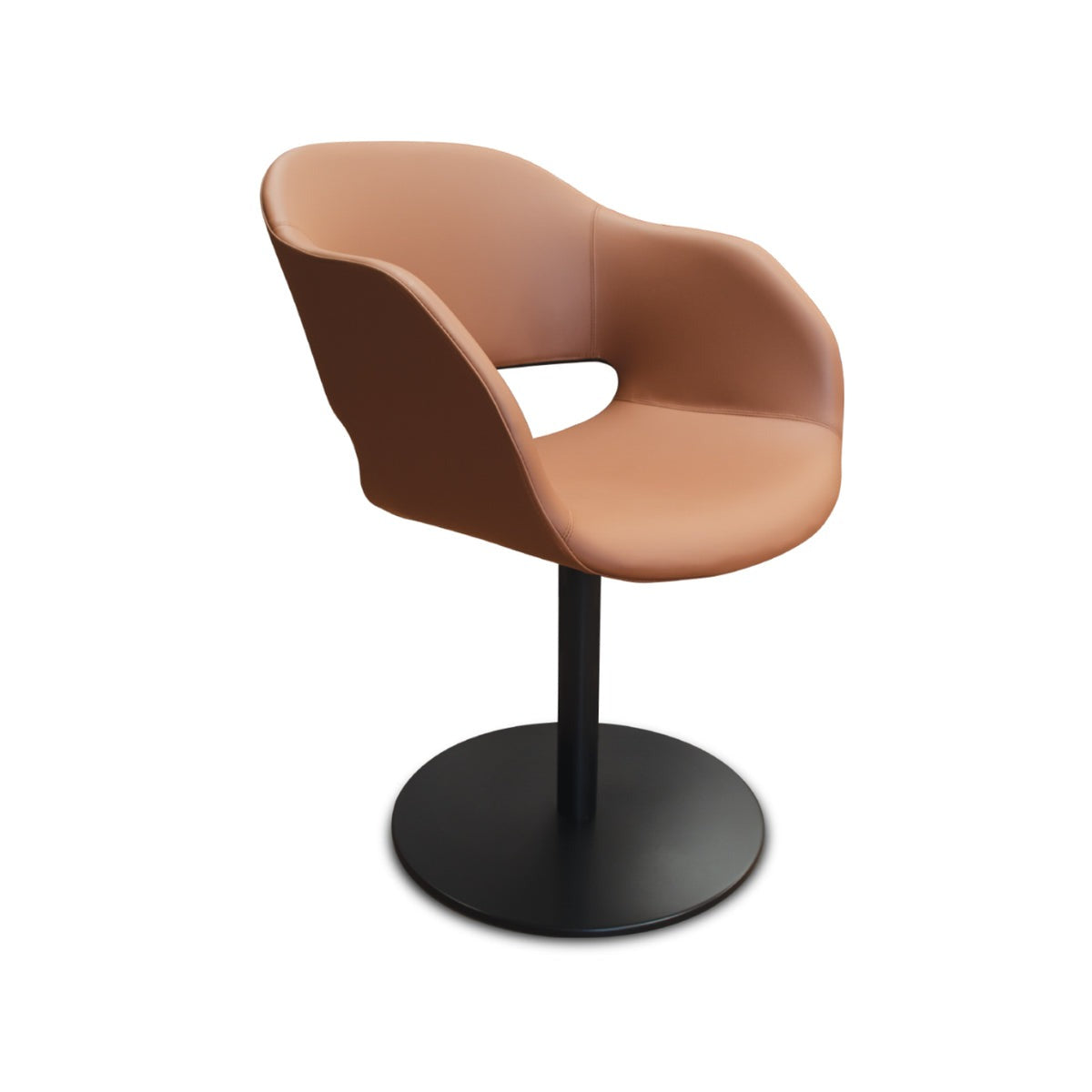 Brown leather swivel chair on black pedestal base furniture