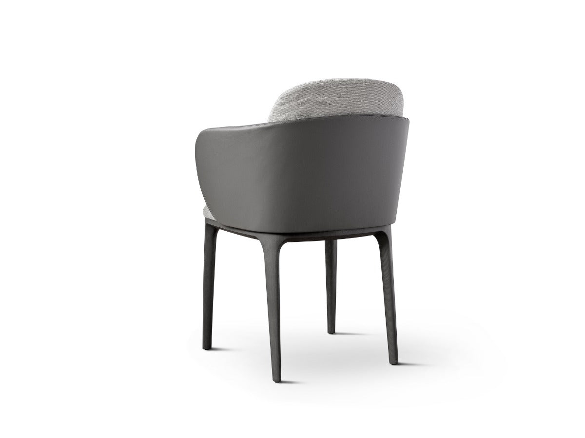 Rear view of gray upholstered dining chair with dark legs furniture