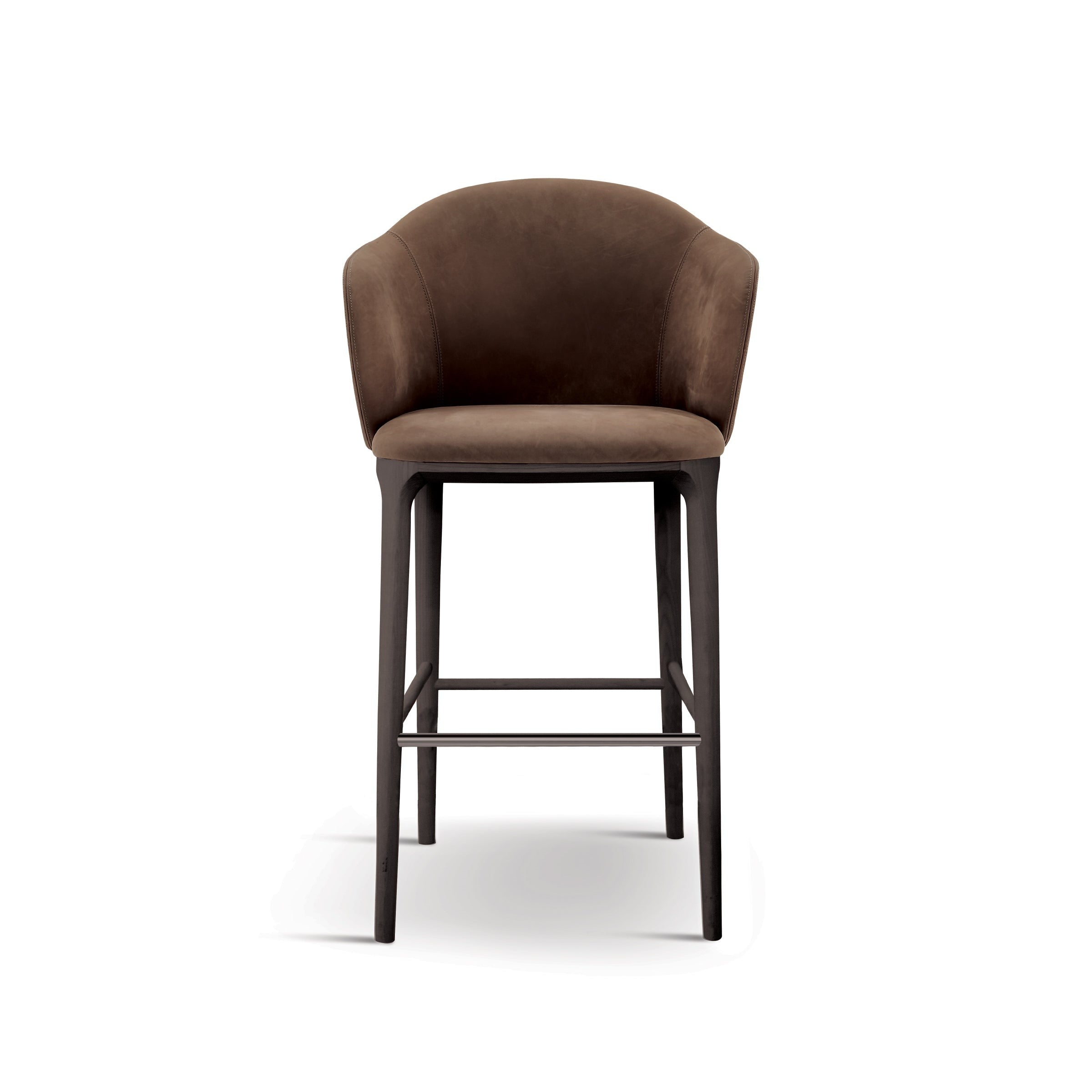 Front view brown leather bar stool dark wood legs