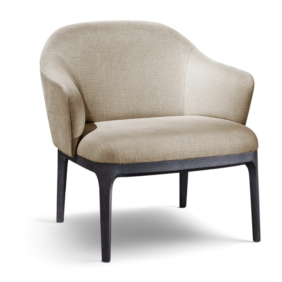 Beige upholstered armchair dark wood legs white background