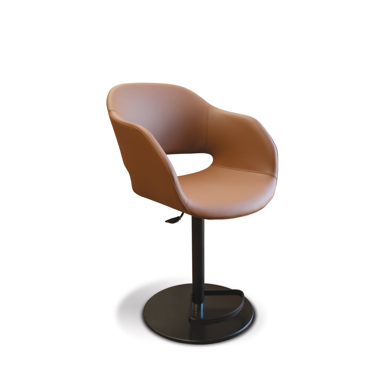View of a brown leather swivel bar stool on a white background.