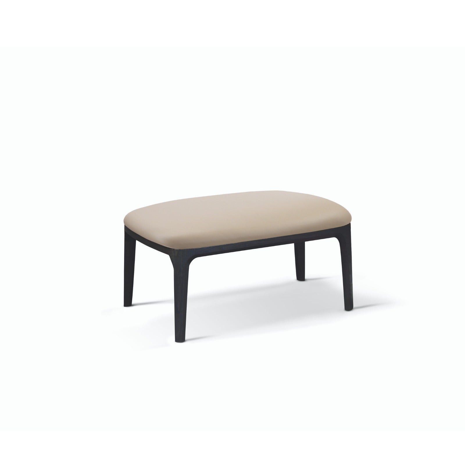 Studio shot of beige upholstered ottoman with dark wood legs furniture