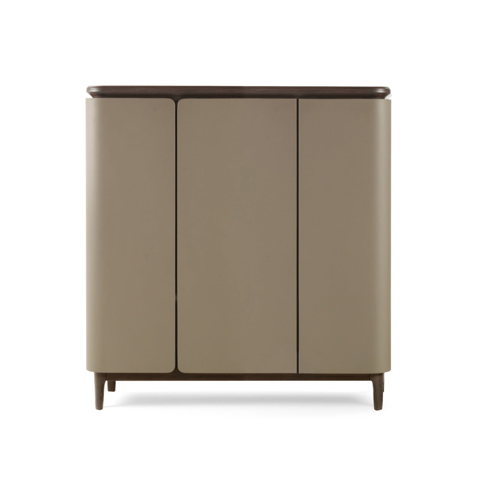 Sideboard cabinet with three taupe doors and dark wood top.