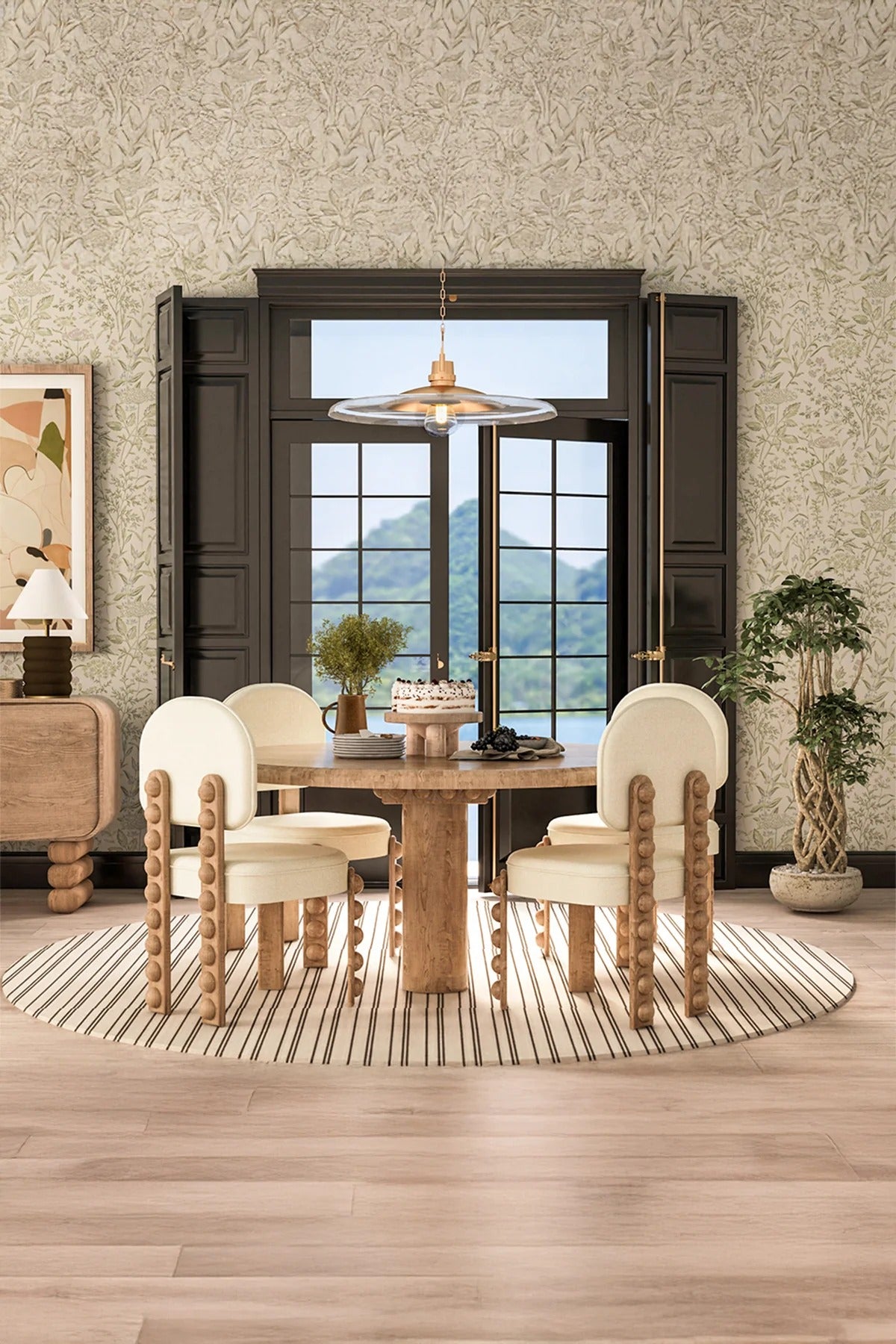 Dining room with wooden table, upholstered chairs, striped rug, nature view.