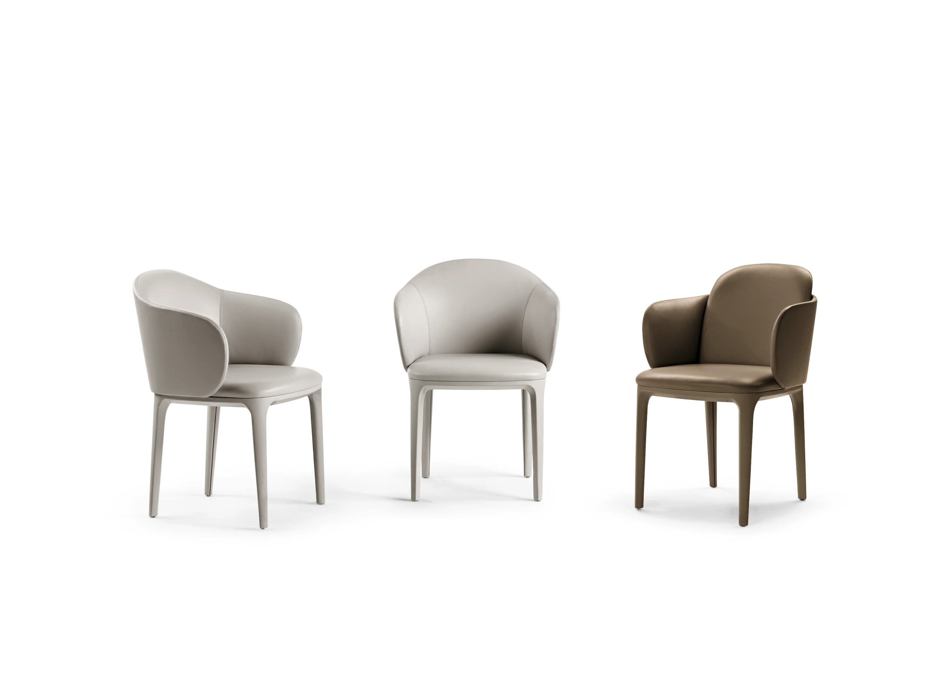 Three modern chairs in beige and brown on a white background