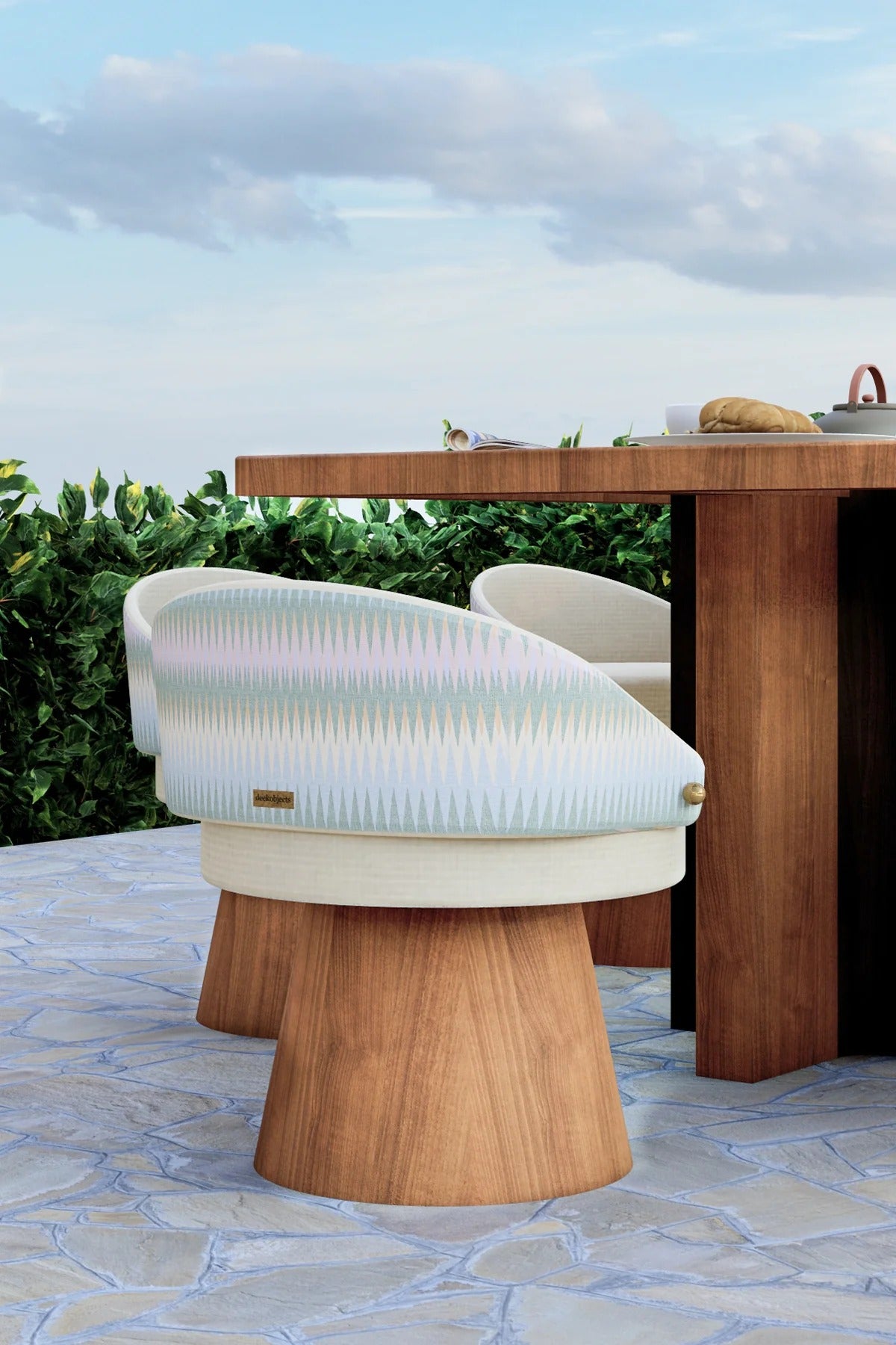 Avila Dining Chair with a curved upholstered back and natural chestnut wood base, modern dining seating by Luzione.
