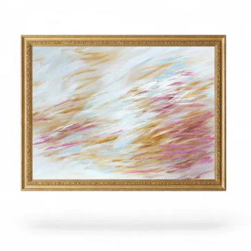 Abstract painting with gold frame, pink and gold brushstrokes