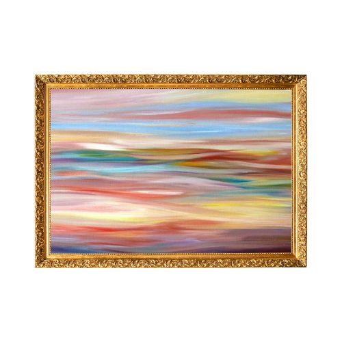 Abstract painting with horizontal colorful strokes in ornate gold frame